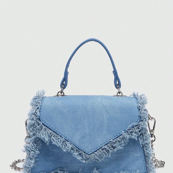Blue Fashionable Women's Fringed Small Square Chain Crossbody Shoulder Bag - Picture 3 of 9